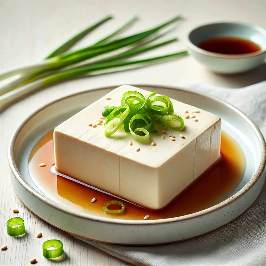 a tofu with green onions on a plate